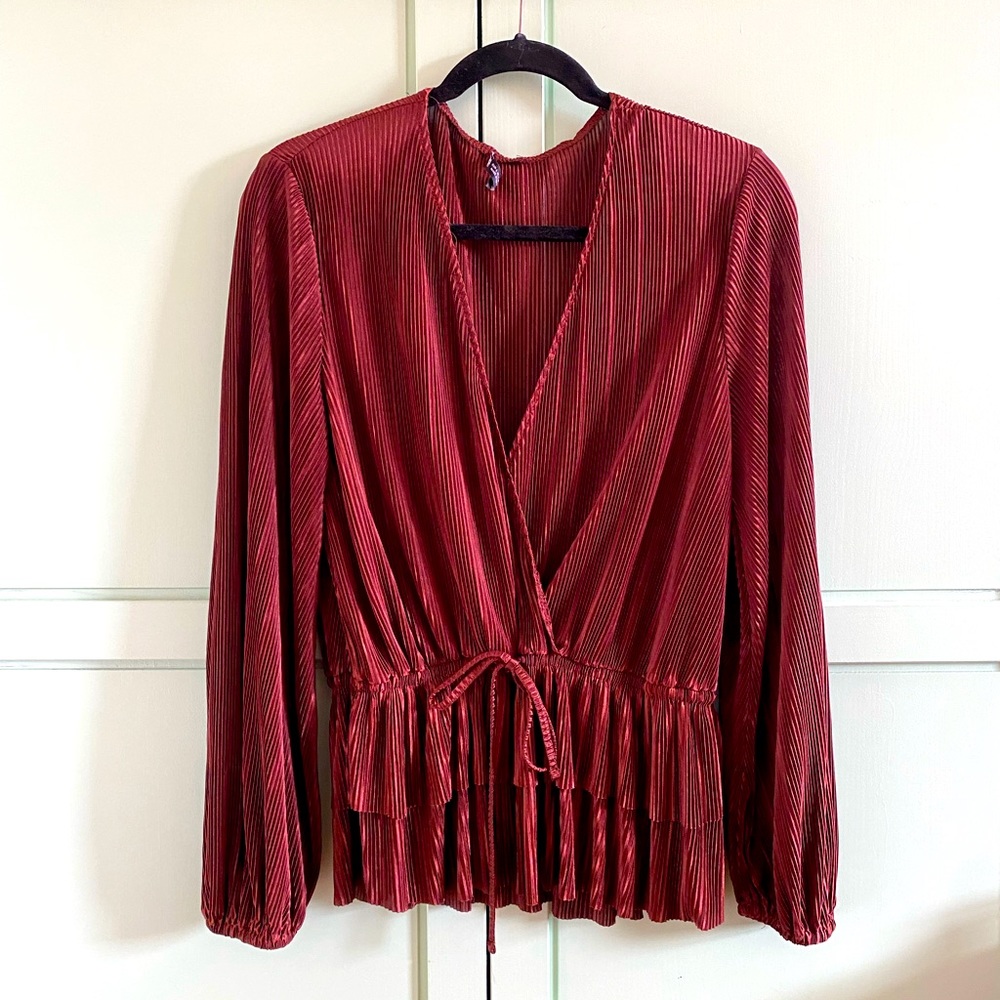 ZARA Brown/Burgundy Pleated Long Sleeve Blouse
